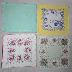 Vintage Floral Handkerchiefs Set of 4 Cotton Hankies Green Yellow Pink
